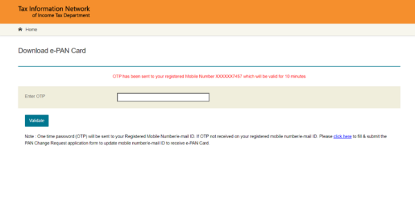 Enter OTP To Verify E-PAN Download Request On NSDL