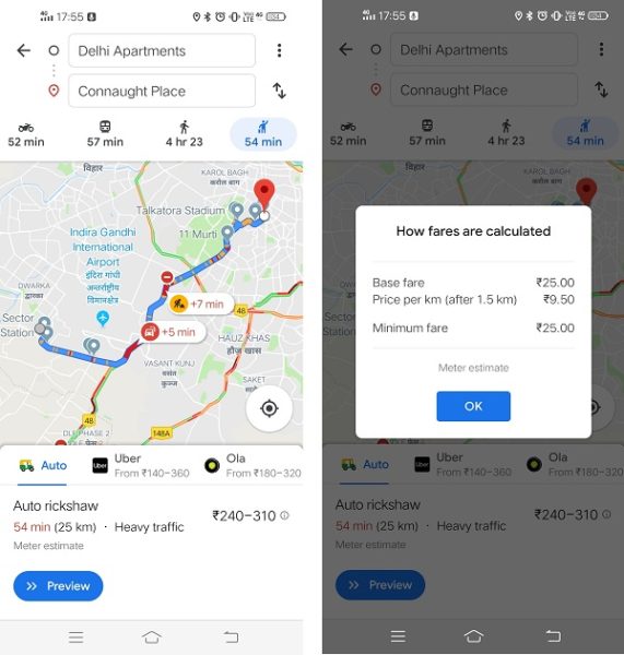 Delhi Auto Fare Calculator in Google Maps
