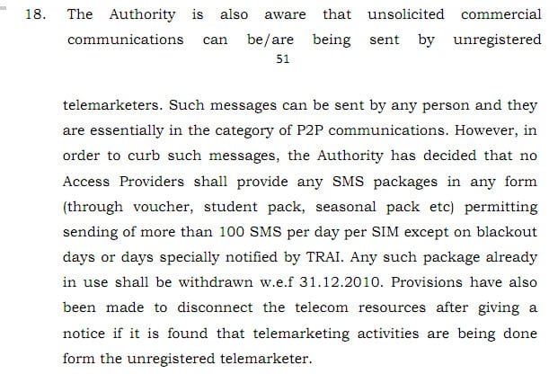 Free SMS limited by TRAI