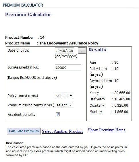 LIC India Premium Calculator to find your LIC Premium