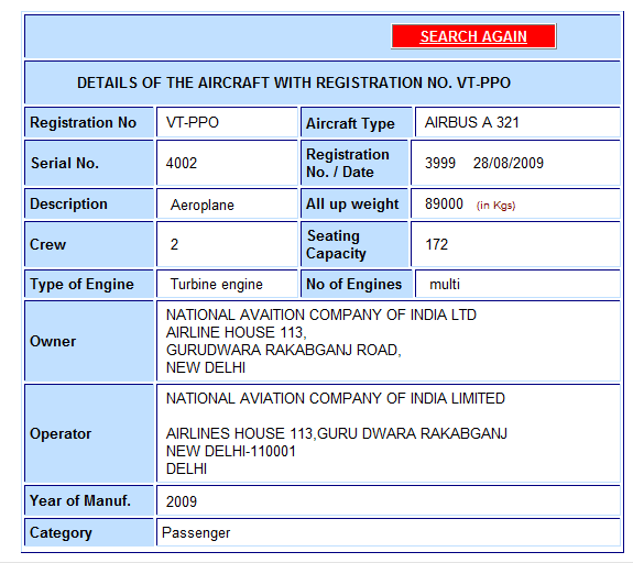 Sample search for Aircraft at DGCA
