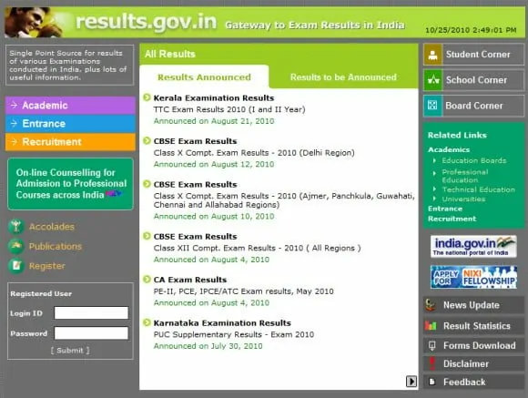 Site for Examination Results in India