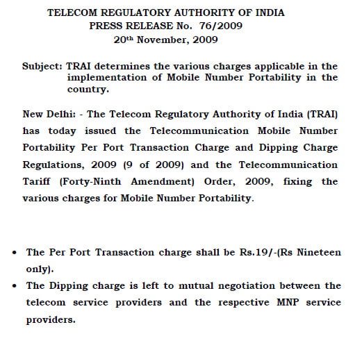 TRAI on MNP Charges
